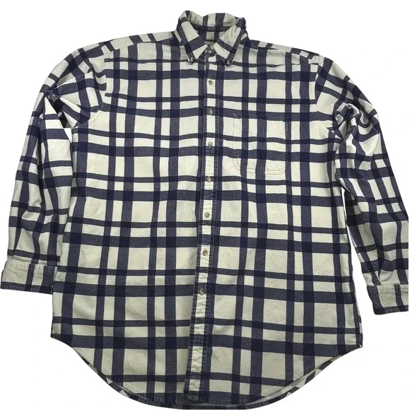409L.L. Bean Vintage Corduroy Plaid Long Sleeve Mens Large TALL Blue Cream Y2K